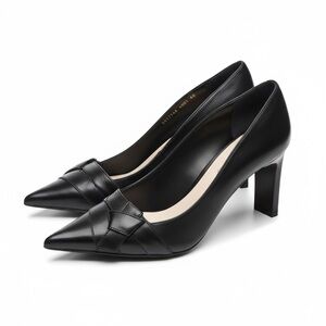 new Escada༄ Pointy Toe Bow Pumps ༄ Rectangle Shaped Mirror Heel༄ Black Leather
